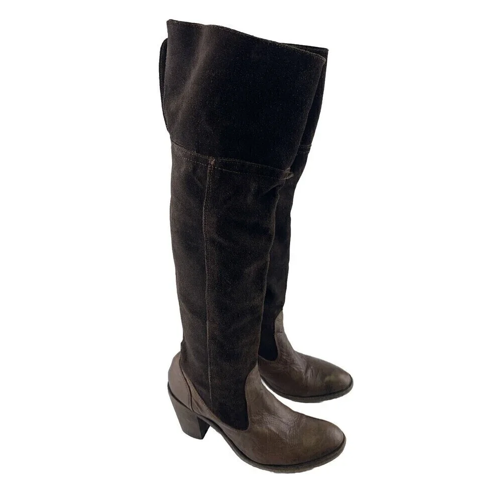 BOGO Miz Mooz Brown Suede Over Knee Heel Boot Mid Zip Pull On Leather 38 7.5-8